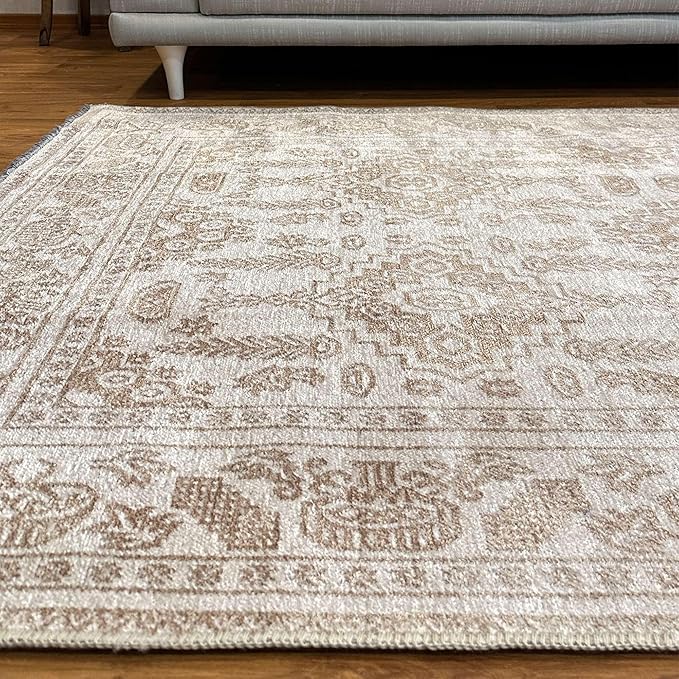 Alfa Rich 7x10 Beige Off White Washable Area Rugs for Living Room Bedroom Kitchen Dining Cotton Rug