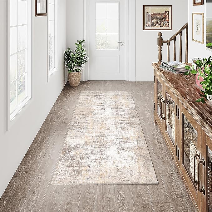 2x5 Washable Runner Rug Beige Grey Abstract Hallway Kitchen Throw Rug Neutral Modern Non Slip Soft Low Pile Carpet for Bathroom Laundry Bedroom Living Room