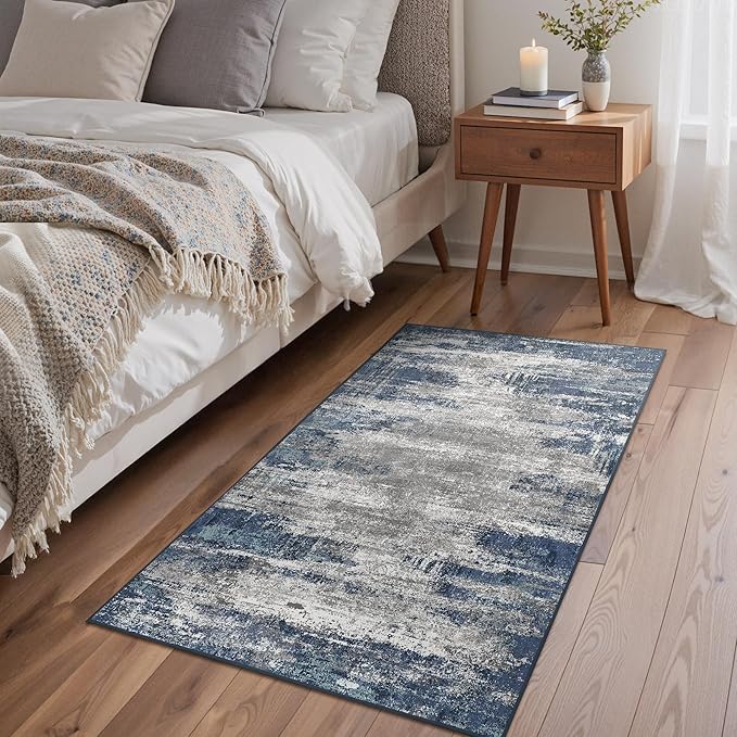 Bavni Washable Area Rug, Soft Abstract Rugs Non-Slip, Thin Foldable 3x5 Rug, Modern Stain Resistant Rug for Living Room, Kitchen, Bedroom, Blue/Ivory