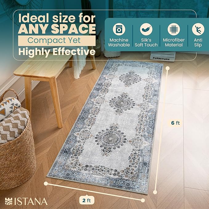 Istana Hallway Runner Rug 2x6 - Blue Kitchen Rugs Non Slip Washable -Silk's Soft Touch Carpet Runner - Stylish Rug for Home