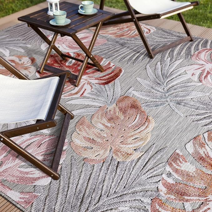 CAMILSON Indoor Outdoor Rug, Multi 5x7 Leaf Tropical Botanical Area Rugs for Indoor and Outdoor patios, Easy-Cleaning Non-Shedding Living Room, Garden and Kitchen Washable Outside Carpet (5 x 7)