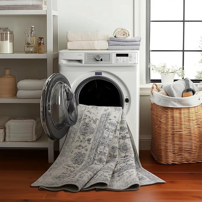 ReaLife Rugs Machine Washable Area Rug Runner - Living Room Bedroom Bathroom Kitchen Entryway Office - Padded Low Pile Stain Resistant Premium - Boho Farmhouse Vintage - Noor - Ivory Grey 2'6" x 8'