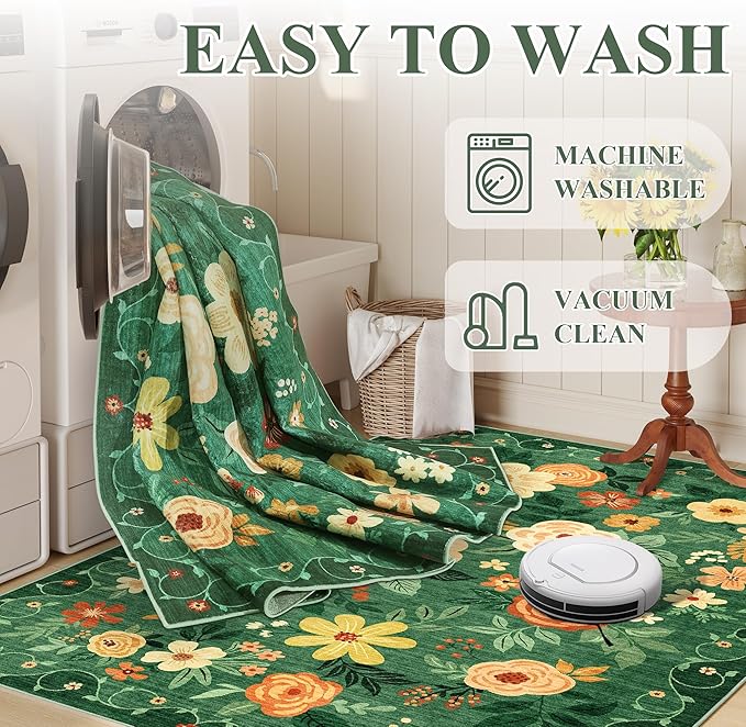 DUKINO 2x3 Rugs for Entryway, Floral Indoor Washable Door Mat, Non Slip Boho Small Rug for Kitchen, Soft Low Pile Front Door Throw Rug for Entrance, Bedroom, Kitchen, Laundry, Bathroom, Dark Green