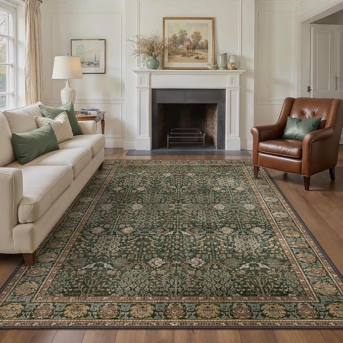 Bavni Area Rugs 6x9- Washable Rug Lightweight Non-Slip, Ultra Thin Low Pile Living Room Rug, Modern Printed Vintage Rugs for Dinning Room Office, Dark Green/Multi