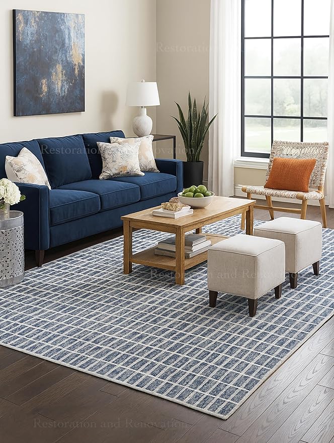 Hand-Tufted 100% Wool Area Rug – Unique Modern Geometric Grid Pattern, Soft Plush Textured Carpet for Living Room, Bedroom, Dining Room & Entryway (Denim Blue, 7' Round)