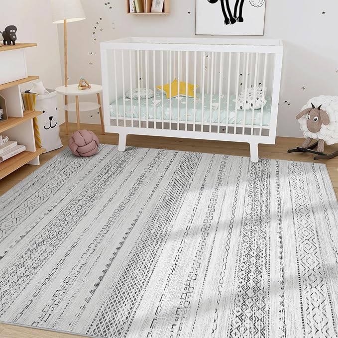 Nakagishi 9x12 Area Rug Living Room: Washable Boho Large Neutral Modern Soft Farmhouse Rugs Stain Resistant Indoor Floor Non-Slip Carpet for Bedroom Nursery Kids Playroom Office Dining Room- Grey