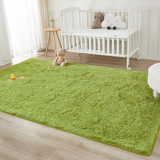 Andency 8x10 Area Rugs for Living Room, Olive Green Non-Slip Fluffy Soft Large Shag Bedroom Carpet, Big Indoor Thick Nursery Rug for Kids Dorm Home Decor Aesthetic