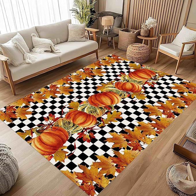 Pumpkin Area Rugs, 4x6ft, Fallen Leaves Autumn Harvest Pumpkins Black and White Checkered Rug, Ultra-Thin Rubber Non Slip Geometric Carpet for Living Room Playroom