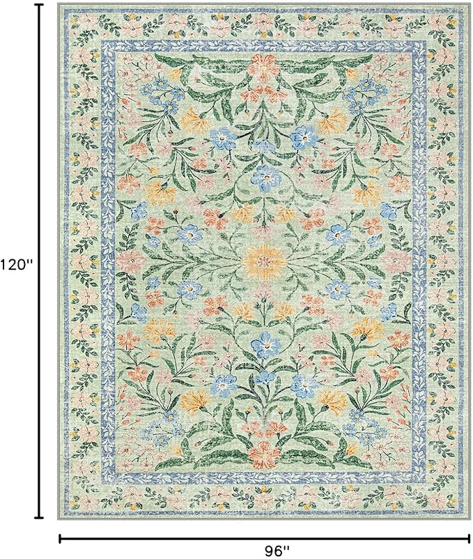 Lahome Machine Washable Area Rugs 8x10 Non Slip, Soft Boho Living Room Rugs, Ultra-Thin Vintage Cottage Throw Carpet for Home Office Dinning Room Kids Playroom, Green/Multi