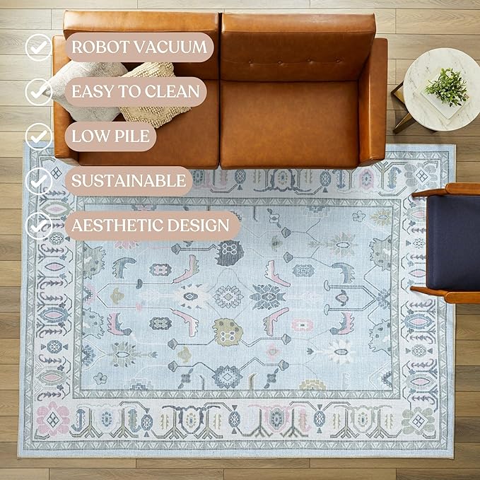 Fame Living Cream Blue Oushak Rug, Modern, Vintage, Turkish, Eclectic, Floral, Pastel, Washable, Extra Large Area Rugs for Living Room, Dining, Bedroom, Lounge, 9'x12'
