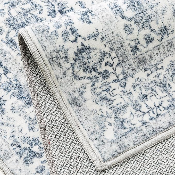 Navy Blue Area Rug 5x8 Machine Washable Vintage Living Room Distressed Non Slip Carpet Traditional Indoor Bedroom Retro Floral Accent Throw Large Rug for Office Kitchen Bathroom Dining Room