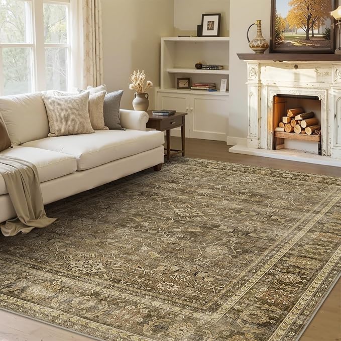 HelloTree Washable Rugs 5x7 Area Rug for Living Room, Vintage Boho Brown Rug Non Slip Carpet Retro Accent Indoor Mat Print Distressed Low Pile Throw Large Rug for Office Bedside-Brown