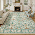 9x12 Area Rug Living Room Rug - Floral Vintage Forest Washable Carpet, Low Pile Non-Slip Stain Resistance Boho Soft Large Carpet for Bedroom, Dining Room Under Table, Farmhouse (9'x12' Beige Green)