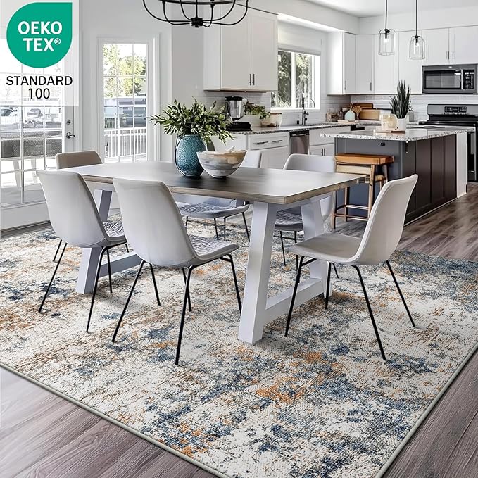 5x7 Washable Area Rug for Living Room, Multicolor Modern Vintage Abstract Rug Large Non-Slip Low Pile Soft Faux Wool Carpet, Kids and Pets Friendly for Bedroom Dining Room Farmhouse Home Decor Rug