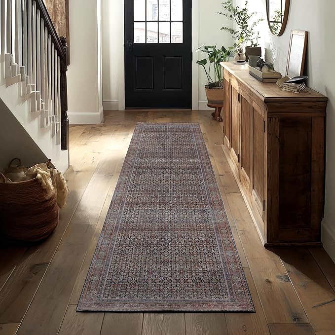 Kuden 2'6"x10 Runner Rug, Machine Washable Area Rug with Non-Slip Backing, Vintage Style, Soft, Easy Clean, Low Pile Rug for Hallway, Entryway, Kitchen, Bedroom