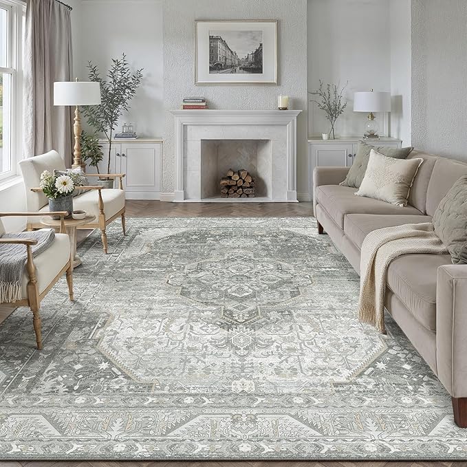 8x10 Grey Washable Vintage Area Rug for Living Room Bedroom Non Slip Distressed Traditional Soft Large Throw Rug Low Pile Lightweight Floral Carpet Office Indoor Classroom Dining Room