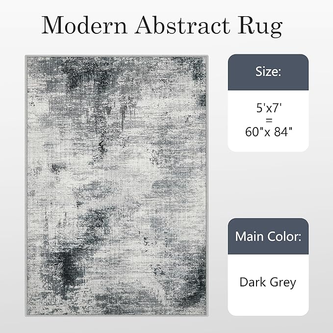 5x7 Washable Area Rugs - Modern Abstract Rugs for Living Room Non-Slip Low Pile Soft Machine Washable Carpet for Bedroom, Dining Room, Nursery, Home Office, Farmhouse (5'x7' Dark Grey)