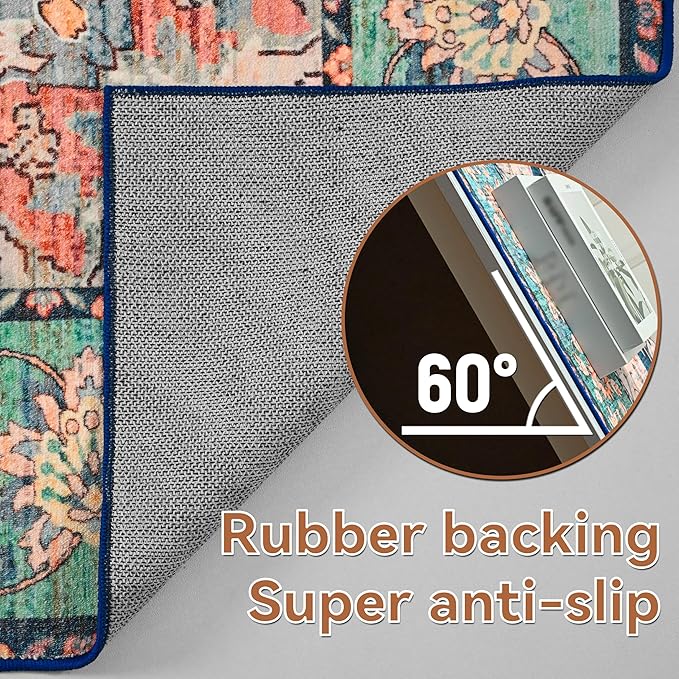YJ.GWL Area Rugs for Living Room 4x6 Machine Washable Rugs for Bedroom, Non Slip Floral Vintage Rug Indoor Carpet, Stain Resistant Throw Rug for Dining Room Kitchen, Red Blue Gradient Color