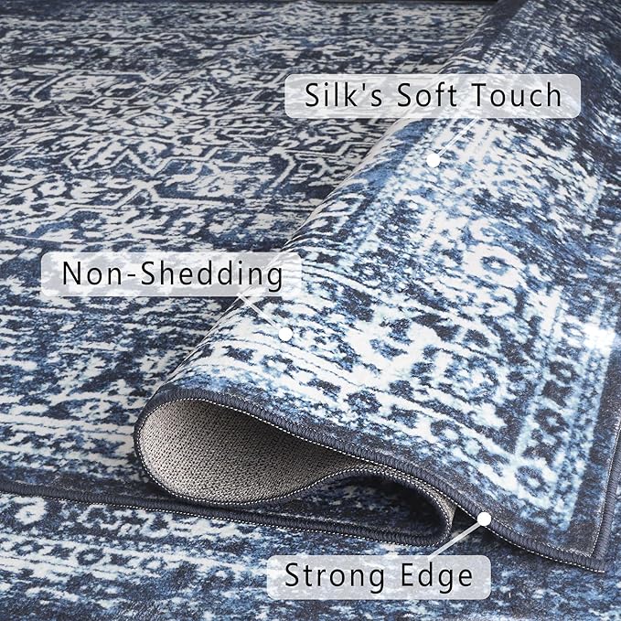vivorug 5x7 Area Rugs, Stain Resistant Washable Rug for Living Room, Vintage-Inspired (Navy Blue, 5'x7')