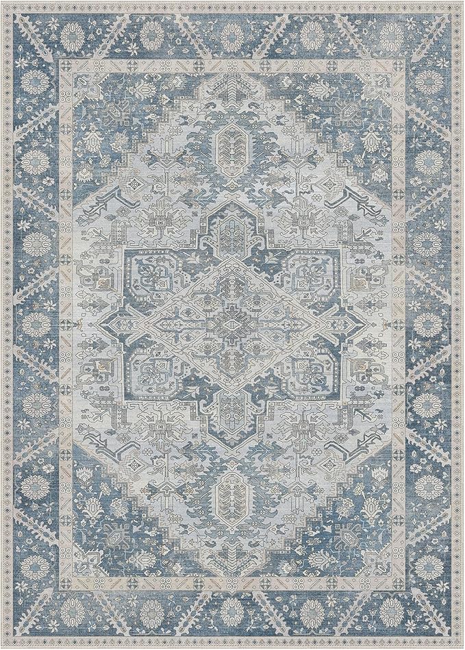 5x7 Area Rug Machine Washable Boho Rug for Living Room,Ultra-Thin Low Pile Carpet,Lightweight Indoor Printed Rug,Non Slip Floral Area Rug for Bedroom, Dining Room, Home Office,Light Blue