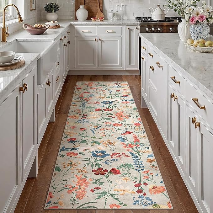 Floral Runner Rug 2x12 Washable Hallway Long Beige Bedroom Carpet Non Slip Indoor Boho Kitchen Low Pile Accent Rug Lightweight Soft for Bathroom Dining Laundry Living Room