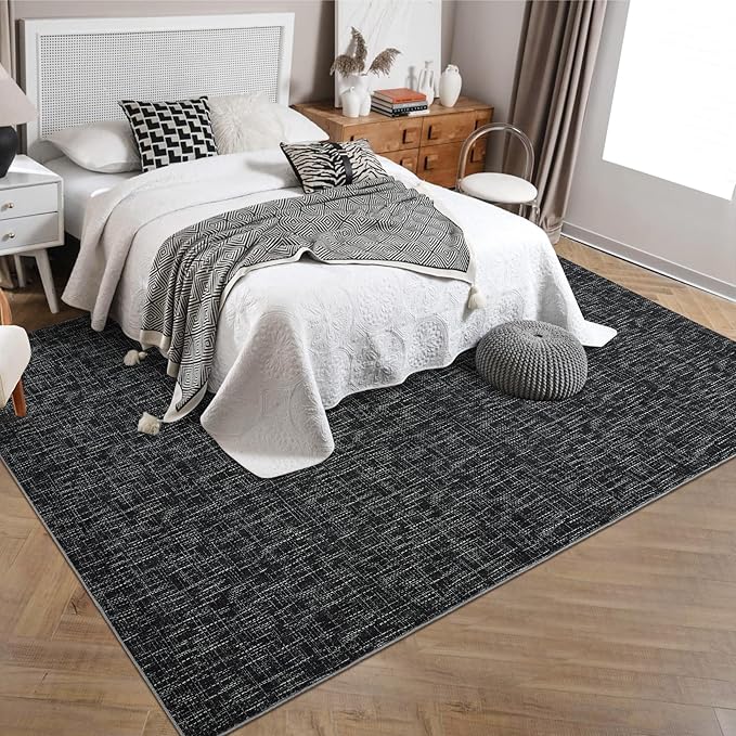 RUGSREAL 8x10 Washable Rug for Living Room Non-Slip Modern Abstract Area Rug Stain Resistant Large Bedroom Rug Contemporary Accent Throw Floor Carpet Solid Rug for Dining Room Home Decor, Black
