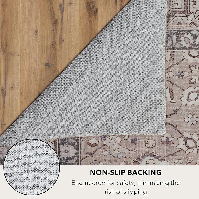 Kuden 2'6"x10 Runner Rug, Machine Washable Area Rug with Non-Slip Backing, Vintage Style, Soft, Easy Clean, Low Pile Rug for Hallway, Entryway, Kitchen, Bedroom