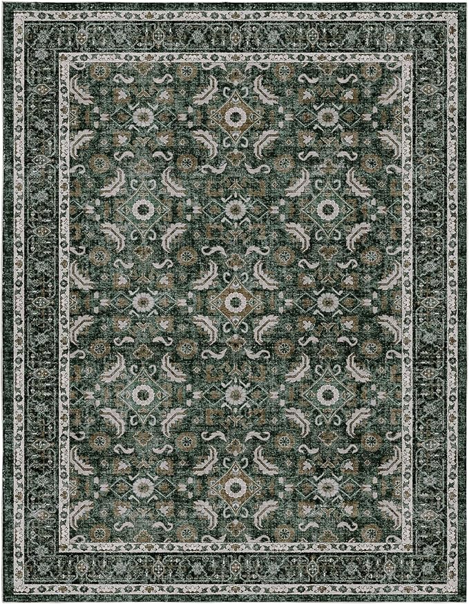 WITSHOCK Living Room Area Rugs 5x7: Soft Non-Slip Backing Washable Rugs Vintage Large Carpet for Bedroom Office Dining Room Kitchen Stain Resistant Home Decor Rug, Dark Green