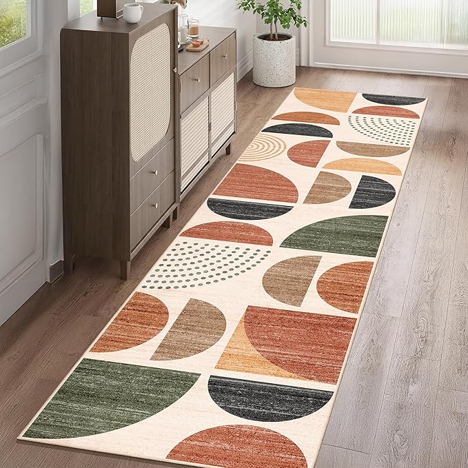 MUJOO Boho Runner Rug Washable,2x8 Area Rugs for Hallways Kitchen Bedroom Entryway Bathroom,Non Slip Carpet Long Mat Indoor,Soft Modern Abstract Bohemian Terracotta
