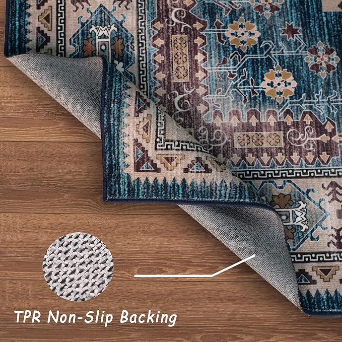 vivorug Blue Runner Rug 2'x7' Vintage Washable Non-Slip Runners for Hallways Kitchen Entryway Laundry Room Carpet Hallway Runner