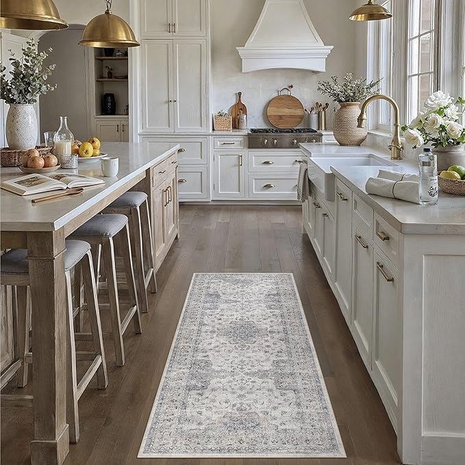 HUGEAR Entryway Machine Washable Area Rugs 2x5 Vintage Blue Small Neutral Style Non Slip Stain Resistant Low Pile Throw Carpet for Hallway Kitchen Retro Aesthetic Modern Decor