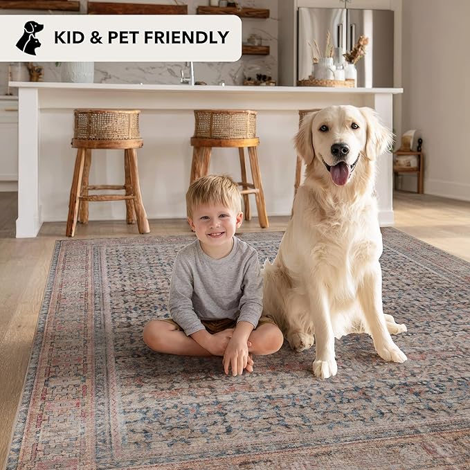 Kuden 2'6"x7' Runner Rug, Machine Washable Area Rug with Non-Slip Backing, Vintage Style, Soft, Easy Clean, Low Pile Rug for Hallway, Entryway, Kitchen, Bedroom