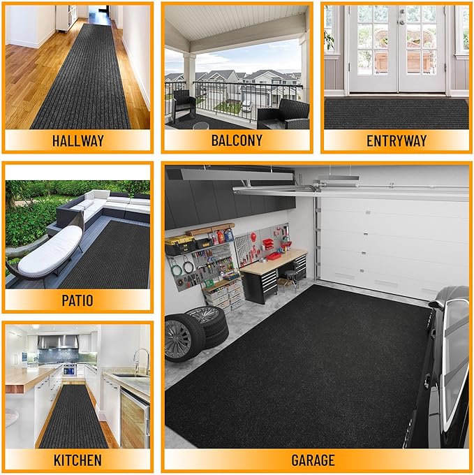Ottomanson 2' x 55' Hallway Runner with Scraper Pile Extra Durable Non-Slip Rug Mat for Indoor & Outdoor Use - Ideal for Kitchen, Entryway, Patio & Garage - High-Traffic Carpet, Black