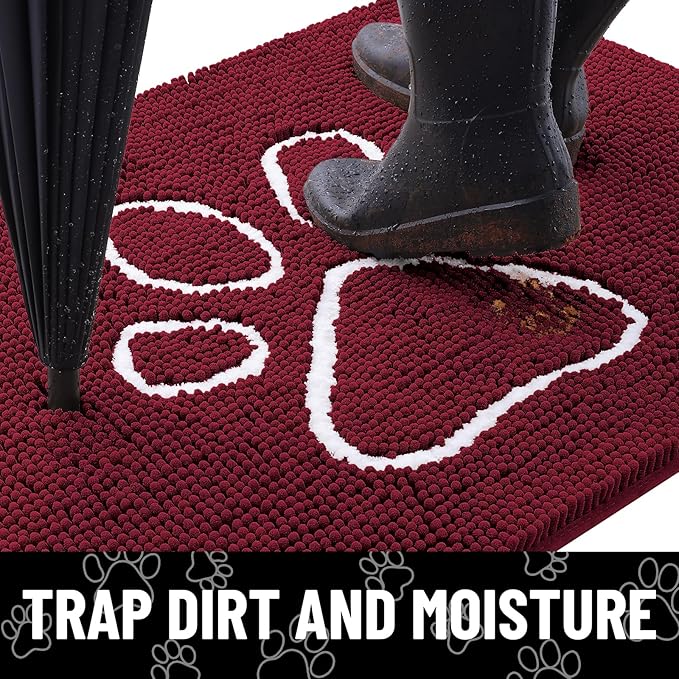 Smiry Dog Door Mat for Muddy Paws, Absorbent Dirt Trapper Non Slip Quick Dry Washable Chenille Mat for Mud Dogs, Entry Rug for Indoor and Outdoor (47x32 Inches, Burgundy and White)