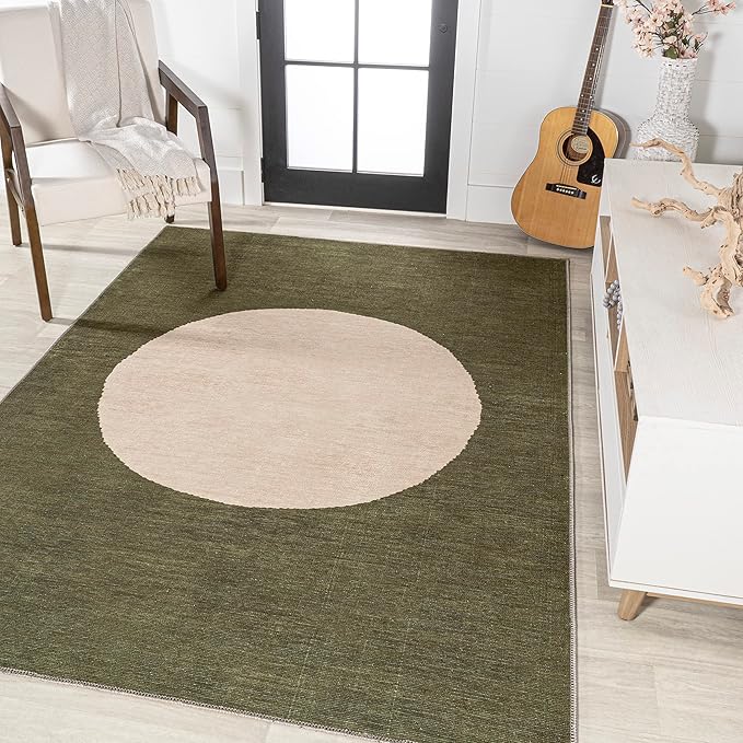JONATHAN Y Machine Washable Green/Cream Indoor Area Rug 5X8 ft, Cirkel Minimalist Geometric Dot for Living Room, Bedroom, Kitchen, Office, Easy-Cleaning, Pet-Friendly, Non-Shedding WSH113B-5