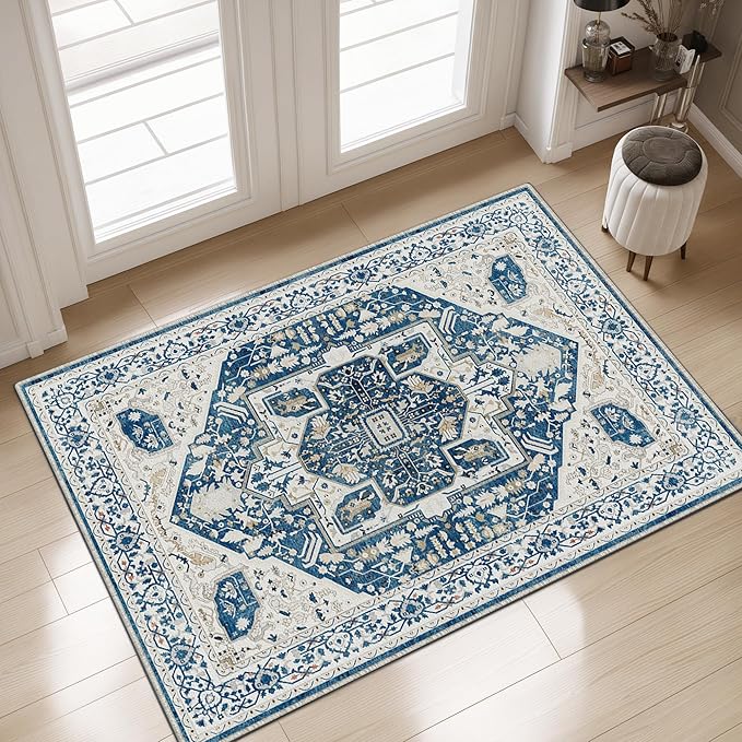 EnHomee 3x5 Washable Area Rugs for Bedroom, Boho Vintage Rugs, Foldable Area Rug for Dining Room, Non-Slip Soft Living Room Rug, Low Pile Large Carpet for Bathroom, Blue and White