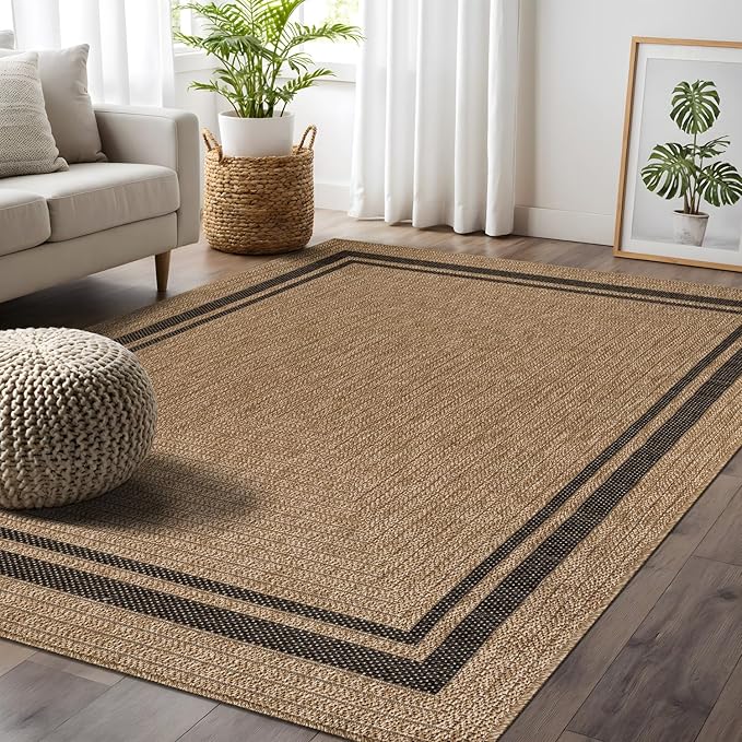 Beverly Rug Easy Jute Bordered Rug 6x9 Washable Durable Indoor Outdoor Area Rugs for Living Dining Room Patio Office Stain Resistant Non Shedding Casual Indoor Outside Carpet 6 x 9 Natural