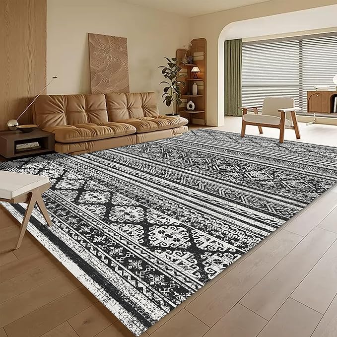 RUGSURE Washable Area Rugs 8' x 10' - 1/6 Thick - Moroccan-Inspired -Stain & Water Resistant Non-Slip - Resistant Rug for Living Room, Bedroom, Nursery, Pet & Child Friendly (Black)