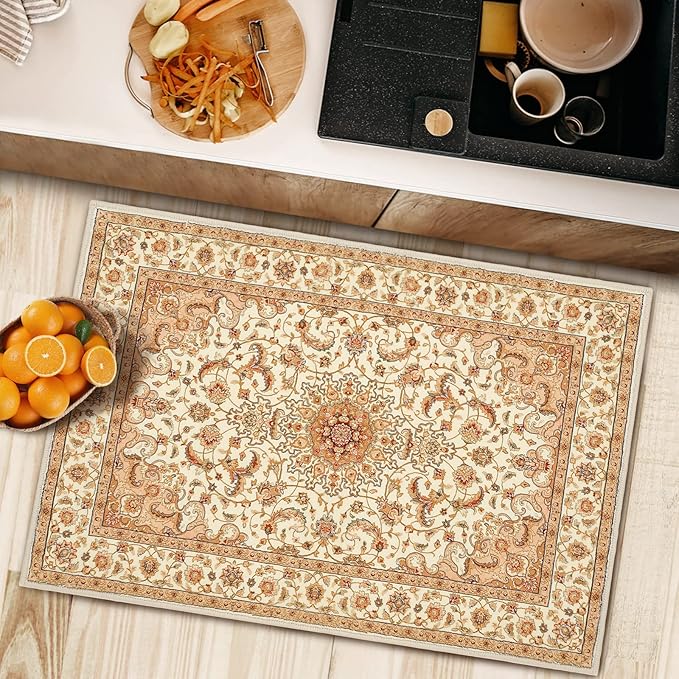 COMSLE Boho Area Rug, 2 x 3 Ft Machine Washable Rugs for Entryway Faux Wool Small Rugs Distressed Throw Rug Non-Slip Floor Carpet for Indoor Bedroom Kitchen Living Room
