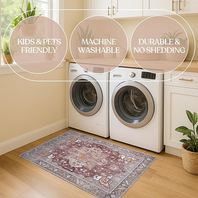 Washable Area Rug. Modern Farmhouse. Vintage. Turkish. Bohemian. Distressed. Oriental. Traditional. Rugs for Living Room. Dining. Bedroom. Office. Entryway. Foyer. (857RB, 7'5" x 9'8")