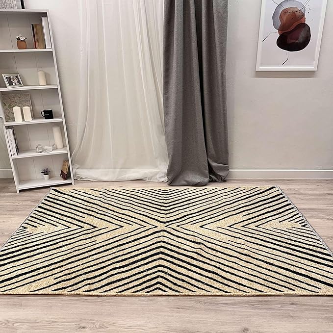 Alfa Rich 5x8 Geometric Beige Black Washable Area Rugs for Living Room Bedroom Kitchen Cotton Rug