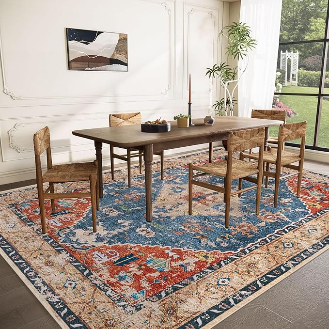 Area Rug 8x10 Washable Rug, Vintage Boho Medallion Rugs Non-Slip Soft Low Pile Large Distressed Rug Indoor Retro Carpet for Living Room Bedroom Dining Room Home Office (Tribal Medallion/Multi, 8'x10')