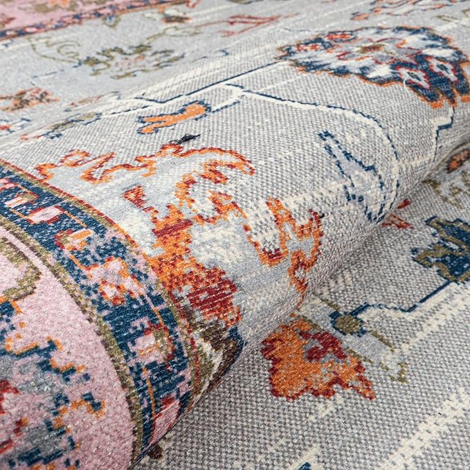 GLN Rugs Traditional Collection - Machine Washable Area Rug, Traditional Washable, Non Slip, Low Pile Chenille Rug, Living Room, Bedroom, Kitchen Rug (5' x 7' Pink/Blue/Multicolor)