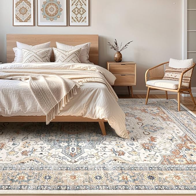 6x8 Area Rug Living Room: Washable Boho Large Neutral Vintage Soft Rugs Stain Resistant Distressed Farmhouse Non-Slip Indoor Floor Carpet for Bedroom Nursery Kids Office Dining Room- Beige Blue