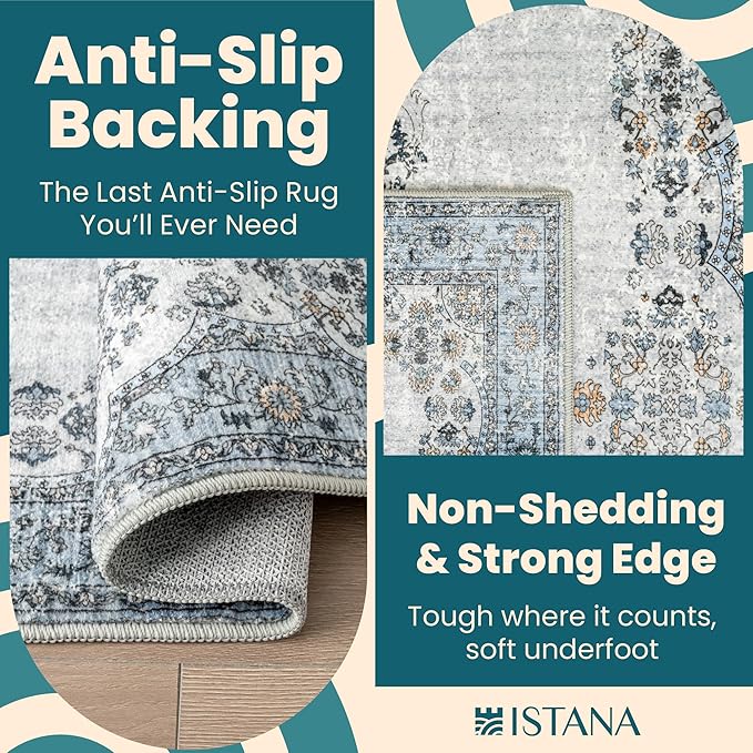 Istana Hallway Runner Rug 2x6 - Blue Kitchen Rugs Non Slip Washable -Silk's Soft Touch Carpet Runner - Stylish Rug for Home