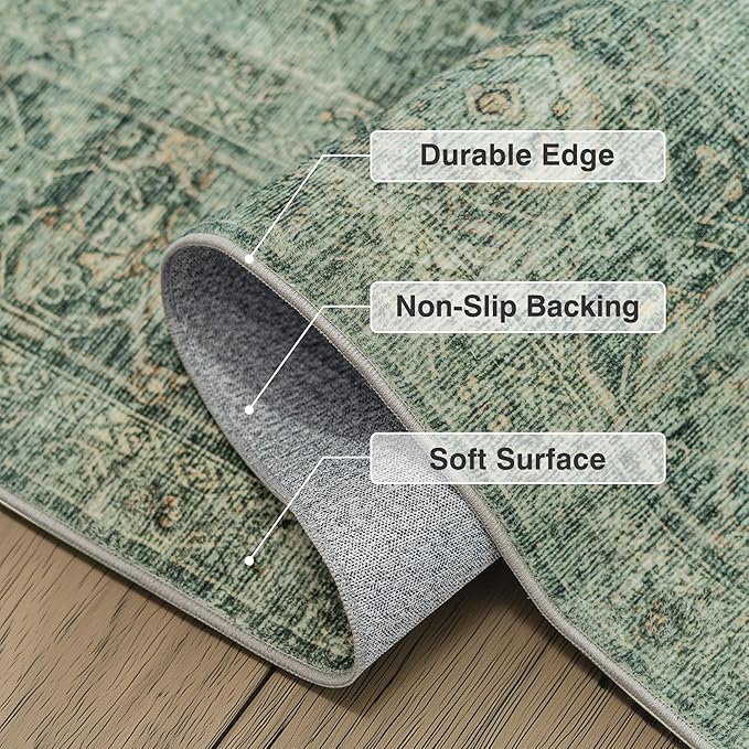 FMFUNCTEX 4x6 Washable Area Rug Green Neutral Vintage Distressed Oriental Non Slip Low Pile Traditional Entryway Indoor Carpet for Living Room Bedroom Soft Retro Throw Rug for Dining Office Entrance