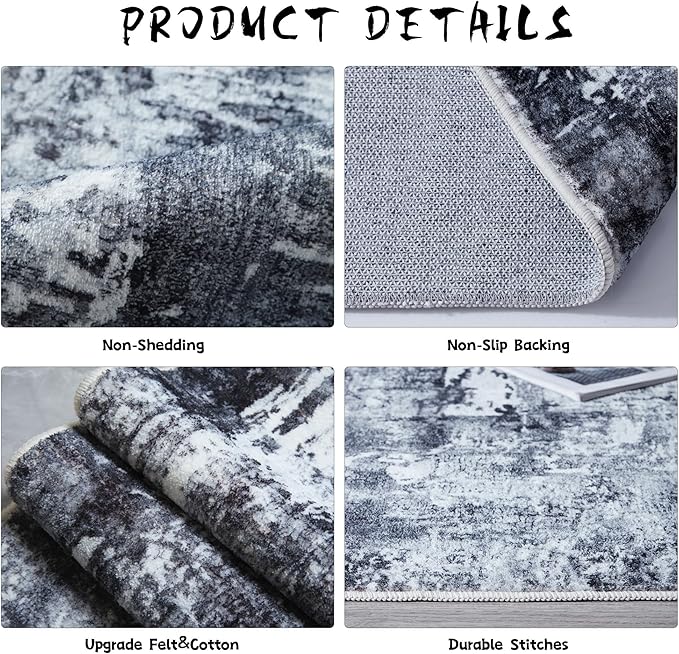 Rugcomf 3x5 Washable Boho Soft Area Rug - Abstract Pattern, Non-Slip, Non-Shedding Faux Wool Vintage Rug for Bedside, Bedroom, Kitchen, Indoor, Grey and Black