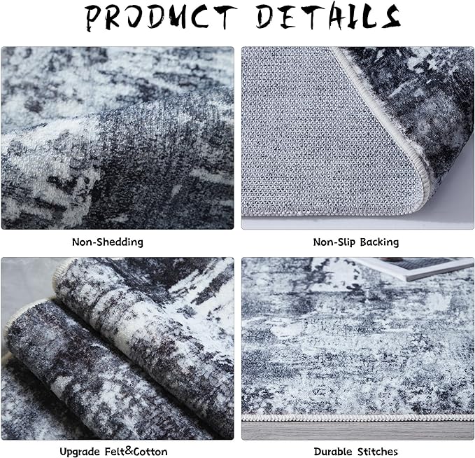Rugcomf 4x6 Rug Washable Boho Soft Area Rug Abstract Pattern Non-Slip Faux Wool Vintage Rug for Living Room, Bedroom Rug, Farmhouse, Dining Room, Kids Playroom, Grey and Black
