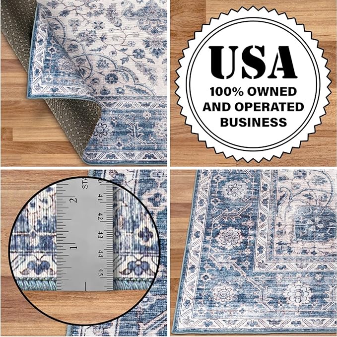 ReaLife Rugs Machine Washable Area Rug Runner - Living Room Bedroom Bathroom Kitchen Entryway Office - Padded Low Pile Stain Resistant Premium - Boho Farmhouse Vintage - Joy - Blue Ivory 3' x 5'