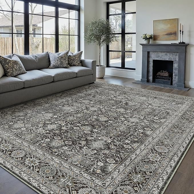 Vintage Area Rug 10x14 Black Washable Living Room Large Carpet Non Slip Bedroom Indoor Office Low Pile Traditional Distressed Retro Accent Rug for Dining Room